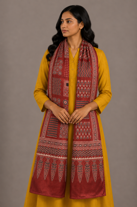 Ajrakh Mashru Silk Screen Print Hand Printed Stole  - 2.1 Mtr Length    -  SKU : JH24202I