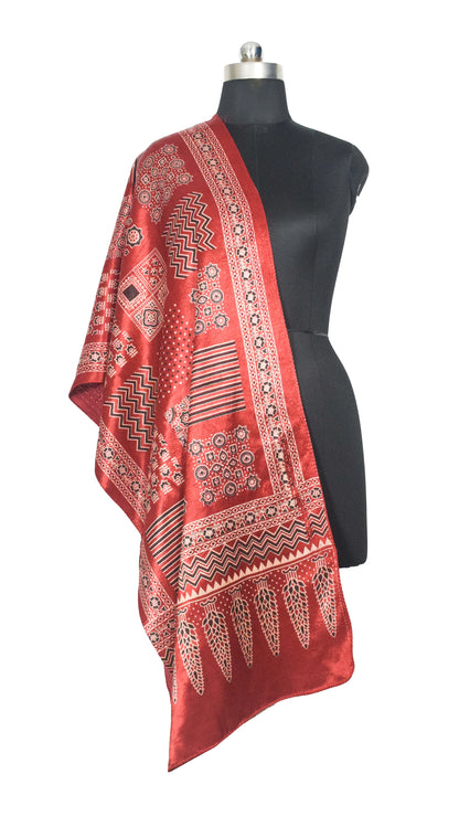 Ajrakh Mashru Silk Screen Print Hand Printed Stole  - 2.1 Mtr Length    -  SKU : JH24202I