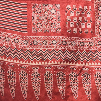 Ajrakh Mashru Silk Screen Print Hand Printed Stole  - 2.1 Mtr Length    -  SKU : JH24202I