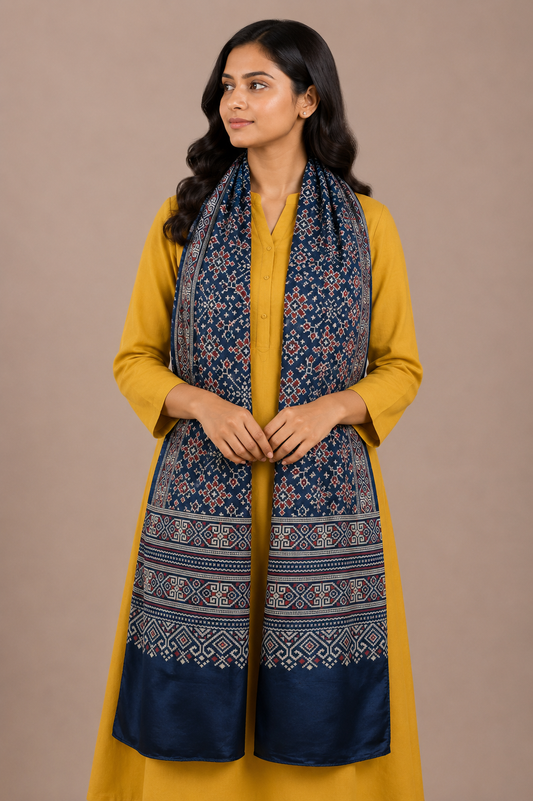 Patola Print Mashru Silk Three Colour Print ( 3 Kam ) Screen Print Stole  - 2.1 Mtr Length    -  SKU : JH24201C