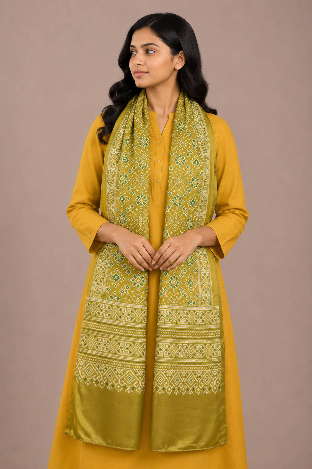 Patola Print Mashru Silk Three Colour Print ( 3 Kam ) Screen Print Stole  - 2.1 Mtr Length    -  SKU : JH24201D