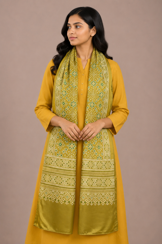 Patola Print Mashru Silk Three Colour Print ( 3 Kam ) Screen Print Stole  - 2.1 Mtr Length    -  SKU : JH24201D