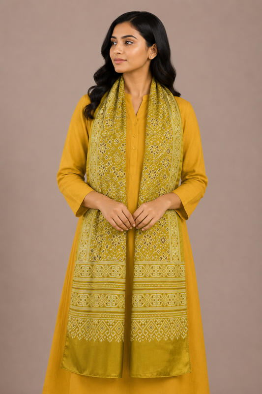 Patola Print Mashru Silk Three Colour Print ( 3 Kam ) Screen Print Stole  - 2.1 Mtr Length    -  SKU : JH24201A
