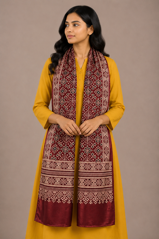 Patola Print Mashru Silk Three Colour Print ( 3 Kam ) Screen Print Stole  - 2.1 Mtr Length    -  SKU : JH24201E
