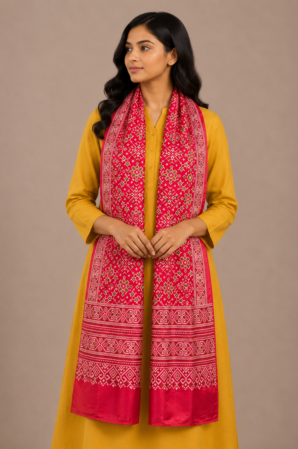 Patola Print Mashru Silk Three Colour Print ( 3 Kam ) Screen Print Stole  - 2.1 Mtr Length    -  SKU : JH24201B