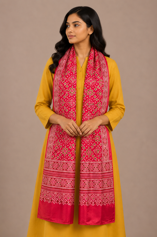 Patola Print Mashru Silk Three Colour Print ( 3 Kam ) Screen Print Stole  - 2.1 Mtr Length    -  SKU : JH24201B