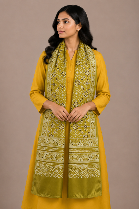 Patola Print Mashru Silk Three Colour Print ( 3 Kam ) Screen Print Stole  - 2.1 Mtr Length    -  SKU : JH26102C