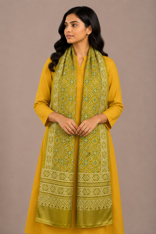 Patola Print Mashru Silk Three Colour Print ( 3 Kam ) Screen Print Stole  - 2.1 Mtr Length    -  SKU : JH26102F