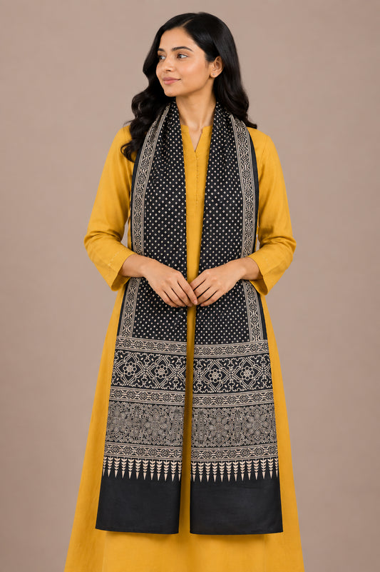 Discharge Print Mashru Silk Screen Print Hand Printed Stole  - 2.1 Mtr Length   -  SKU : RD04802A