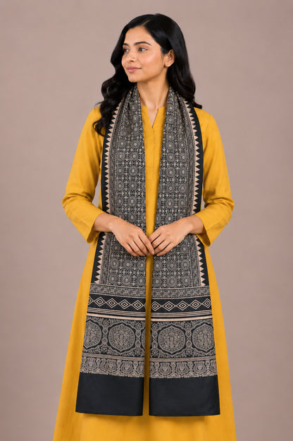 Discharge Print Mashru Silk Screen Print Hand Printed Stole  - 2.1 Mtr Length   -  SKU : RD04802B