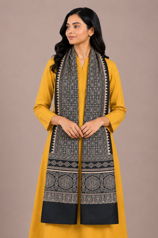 Discharge Print Mashru Silk Screen Print Hand Printed Stole  - 2.1 Mtr Length   -  SKU : RD04802B