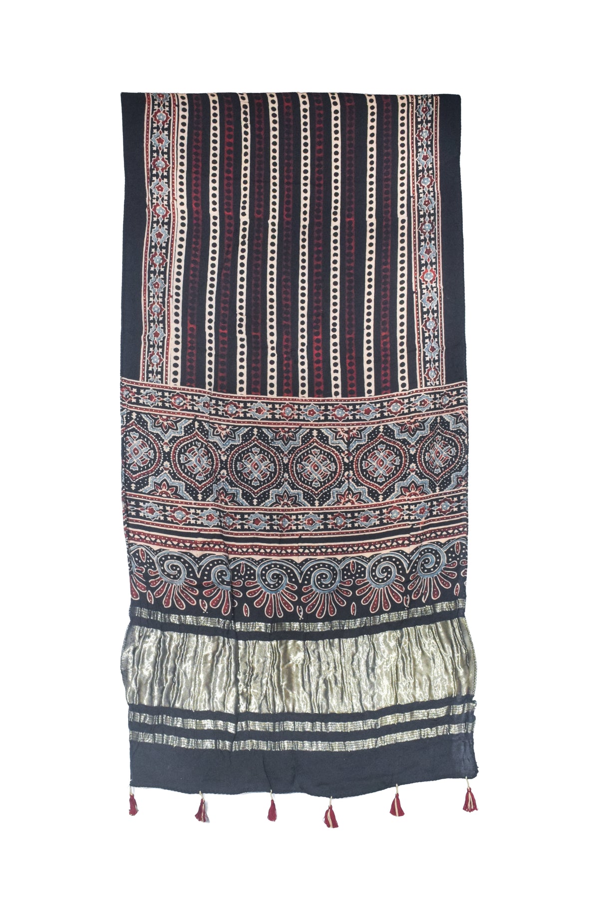 Ajrakh Modal Silk Natural Dye Hand Block Print Stole with Golden Border - with Tassels - 2.6 Mtr Length   -  SKU : MS18801A