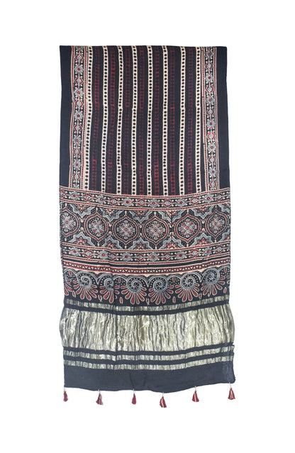 Ajrakh Modal Silk Natural Dye Hand Block Print Stole with Golden Border - with Tassels - 2.6 Mtr Length   -  SKU : MS18801A