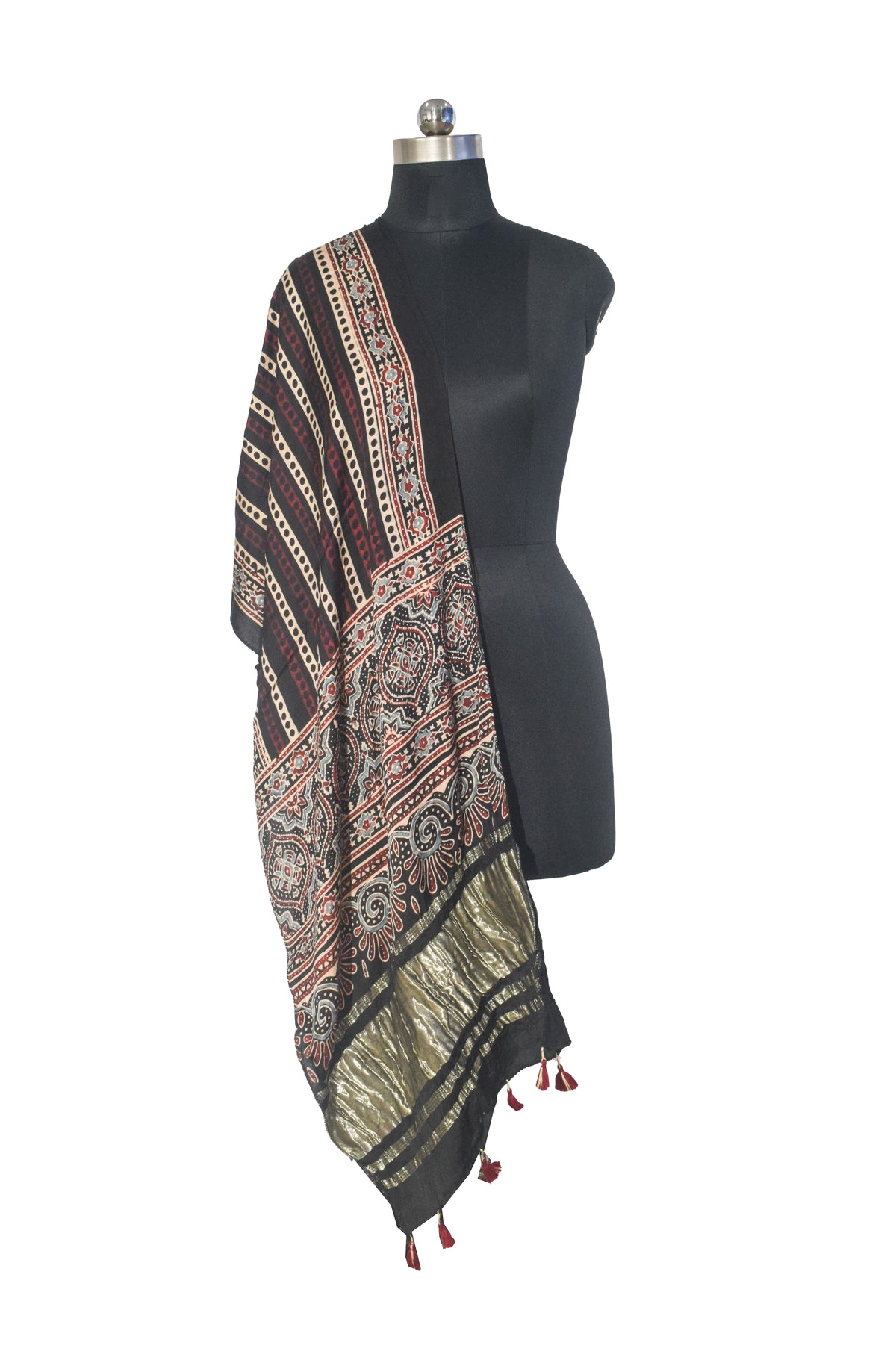 Ajrakh Modal Silk Natural Dye Hand Block Print Stole with Golden Border - with Tassels - 2.6 Mtr Length   -  SKU : MS18801A