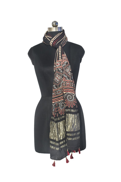 Ajrakh Modal Silk Natural Dye Hand Block Print Stole with Golden Border - with Tassels - 2.6 Mtr Length   -  SKU : MS18801A