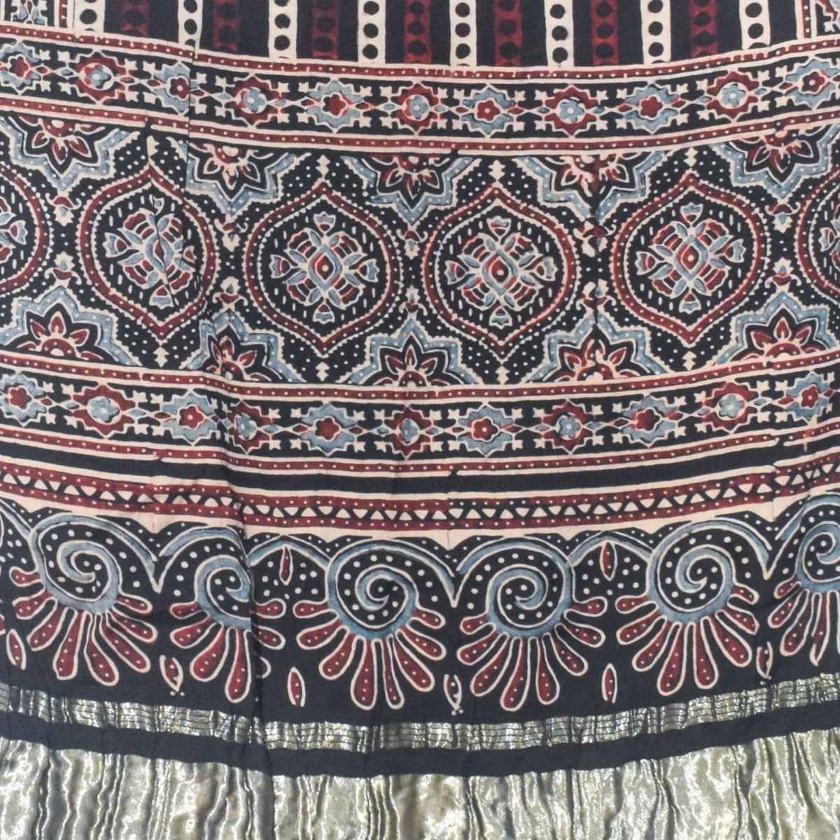 Ajrakh Modal Silk Natural Dye Hand Block Print Stole with Golden Border - with Tassels - 2.6 Mtr Length   -  SKU : MS18801A