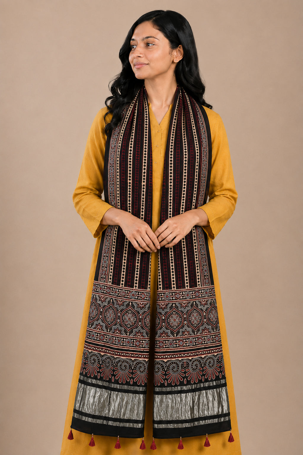 Ajrakh Modal Silk Natural Dye Hand Block Print Stole with Golden Border - with Tassels - 2.6 Mtr Length   -  SKU : MS18801A