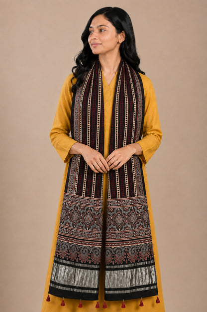 Ajrakh Modal Silk Natural Dye Hand Block Print Stole with Golden Border - with Tassels - 2.6 Mtr Length   -  SKU : MS18801A