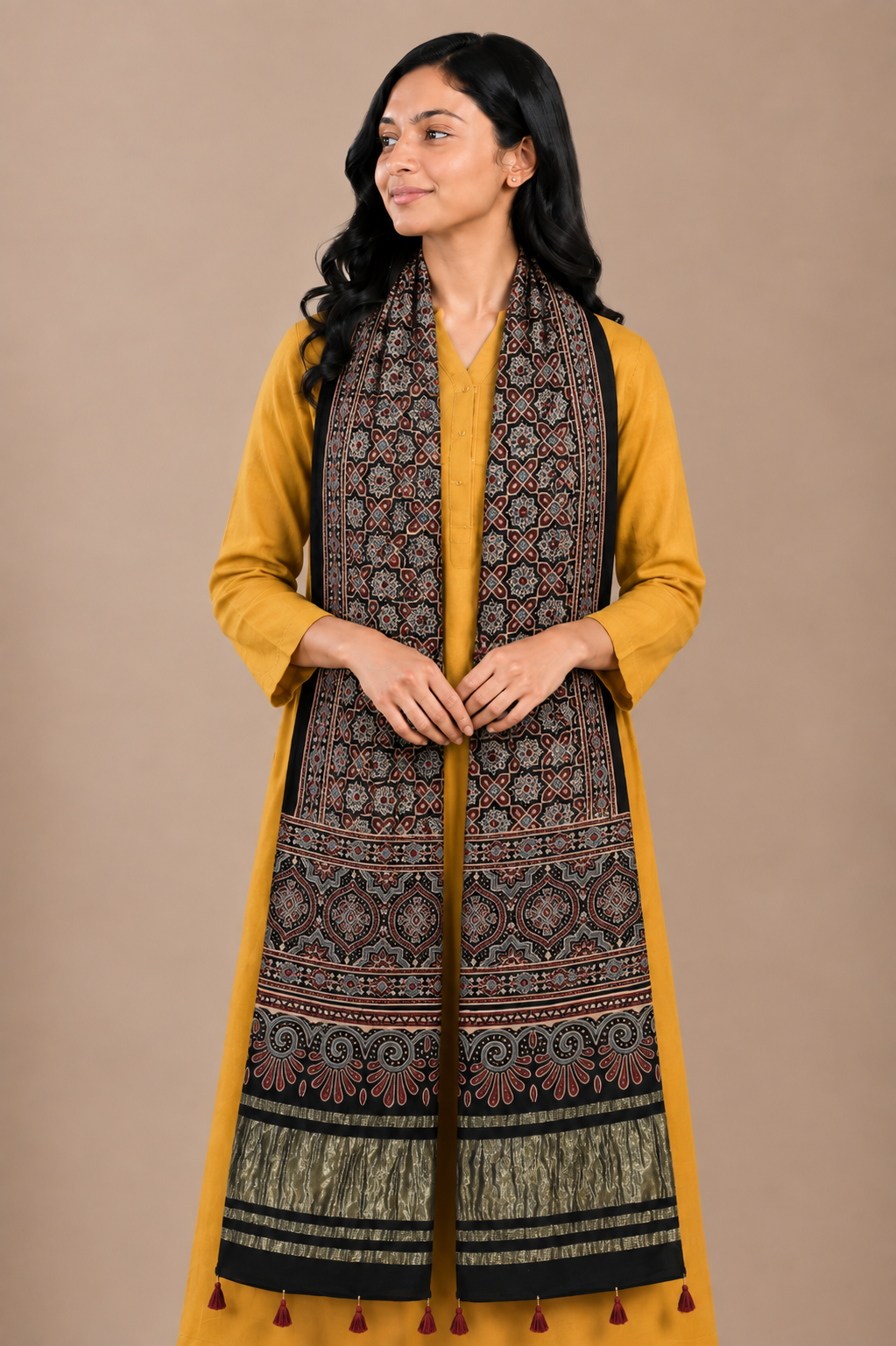 Ajrakh Modal Silk Natural Dye Hand Block Print Stole with Golden Border - with Tassels - 2.6 Mtr Length   -  SKU : MS18801B