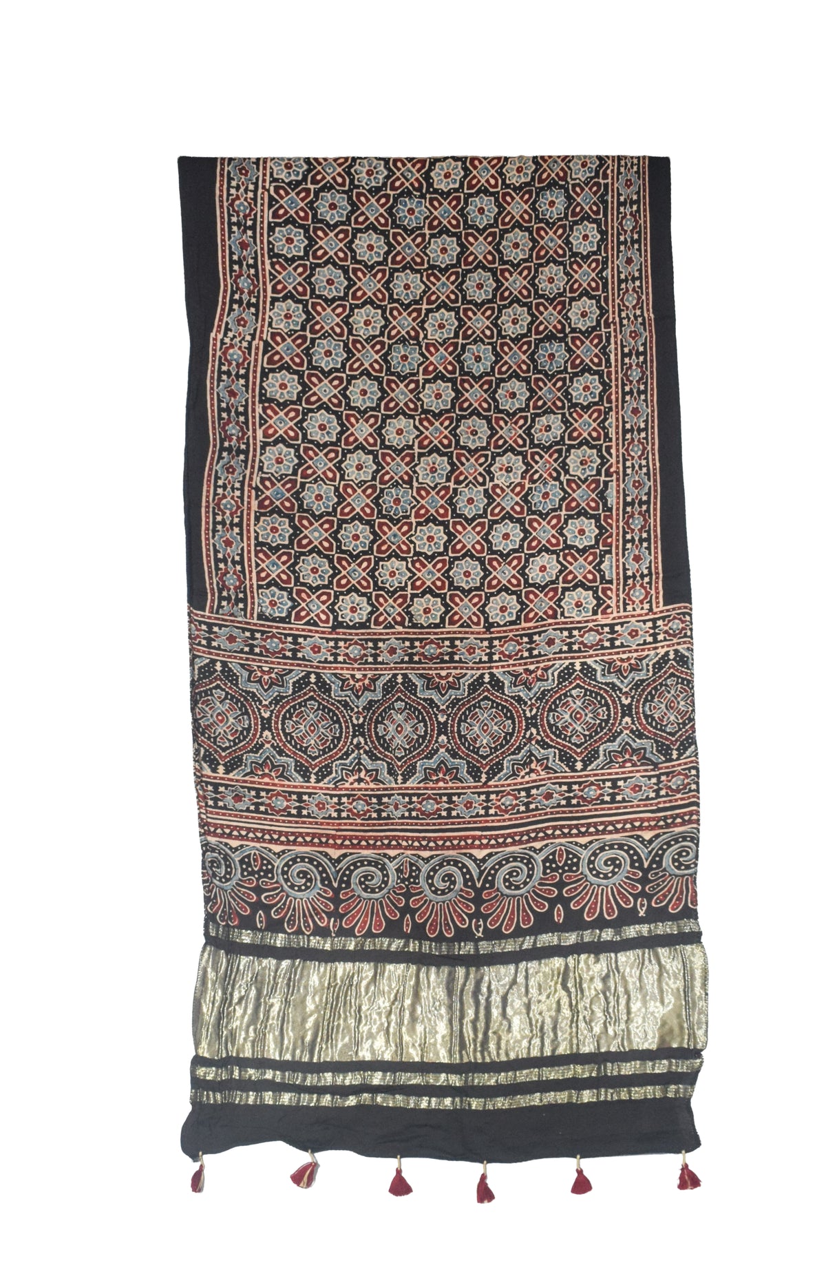 Ajrakh Modal Silk Natural Dye Hand Block Print Stole with Golden Border - with Tassels - 2.6 Mtr Length   -  SKU : MS18801B