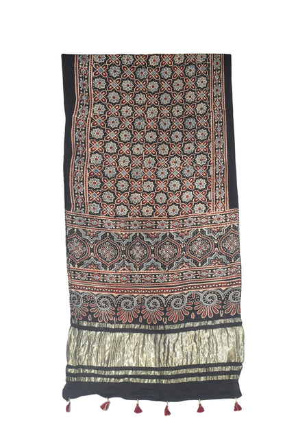Ajrakh Modal Silk Natural Dye Hand Block Print Stole with Golden Border - with Tassels - 2.6 Mtr Length   -  SKU : MS18801B