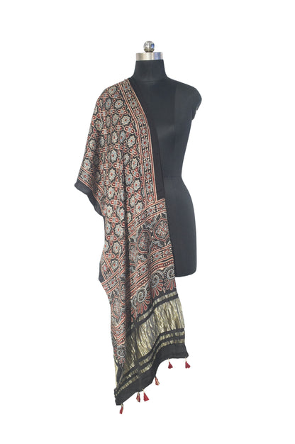 Ajrakh Modal Silk Natural Dye Hand Block Print Stole with Golden Border - with Tassels - 2.6 Mtr Length   -  SKU : MS18801B