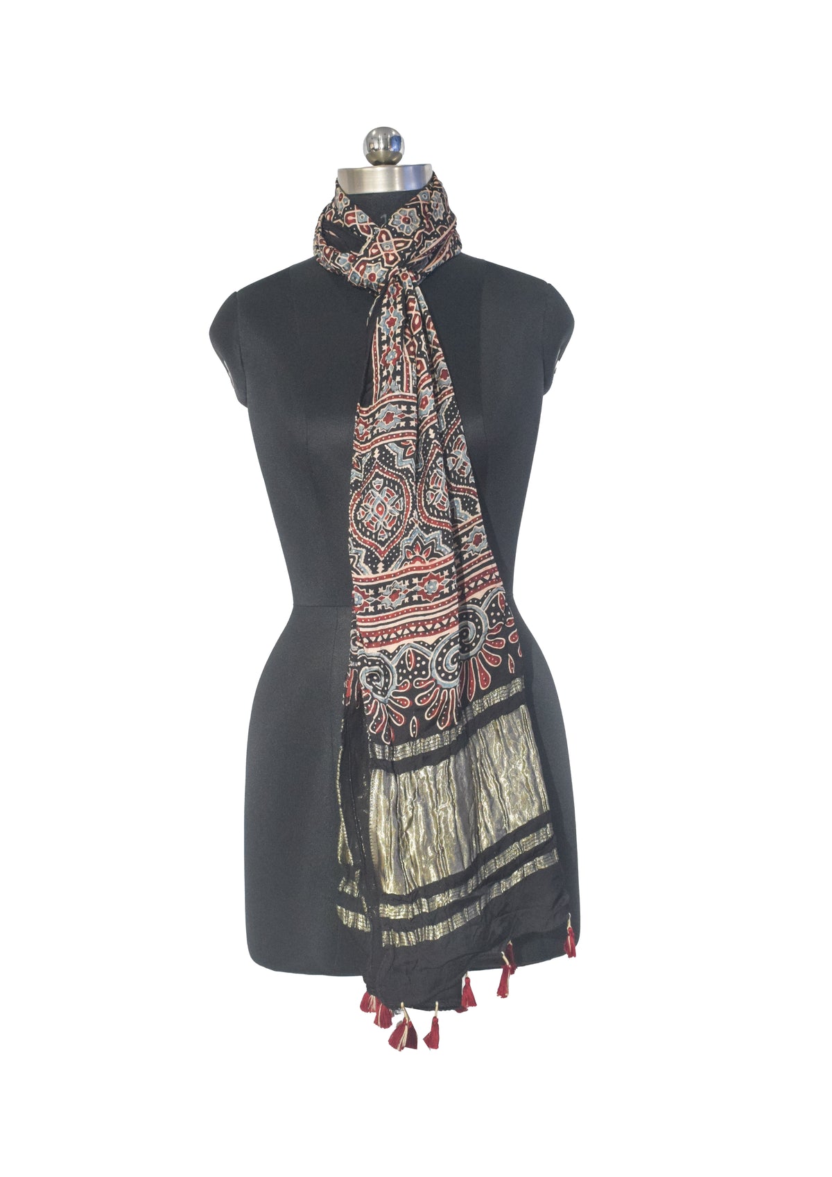 Ajrakh Modal Silk Natural Dye Hand Block Print Stole with Golden Border - with Tassels - 2.6 Mtr Length   -  SKU : MS18801B