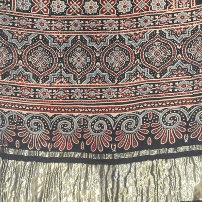 Ajrakh Modal Silk Natural Dye Hand Block Print Stole with Golden Border - with Tassels - 2.6 Mtr Length   -  SKU : MS18801B