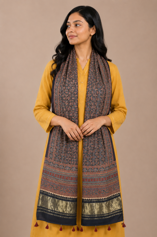 Ajrakh Modal Silk Natural Dye Hand Block Print Stole with Golden Border - with Tassels - 2.6 Mtr Length   -  SKU : MS26501D