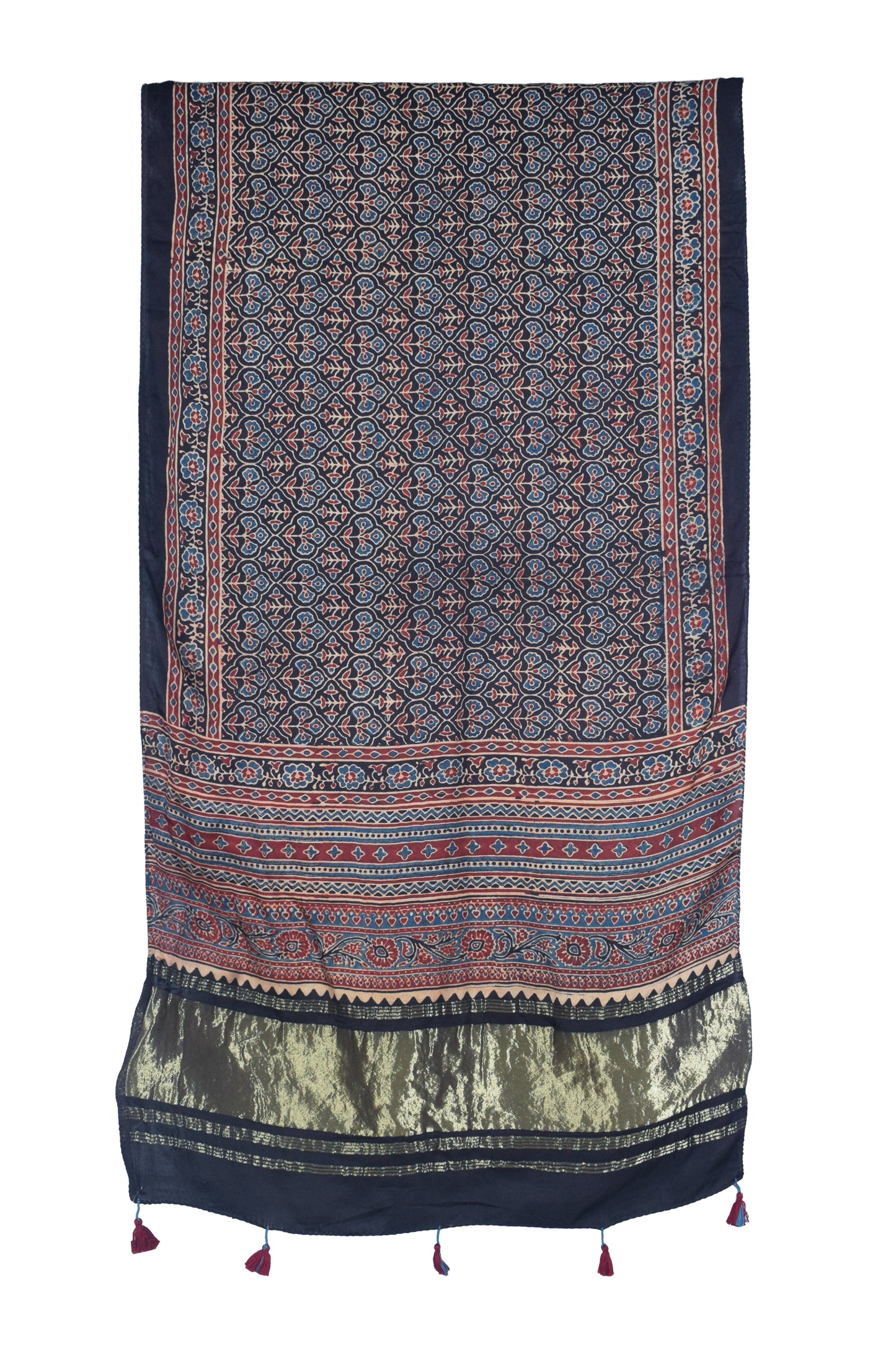 Ajrakh Modal Silk Natural Dye Hand Block Print Stole with Golden Border - with Tassels - 2.6 Mtr Length   -  SKU : MS26501D