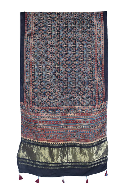 Ajrakh Modal Silk Natural Dye Hand Block Print Stole with Golden Border - with Tassels - 2.6 Mtr Length   -  SKU : MS26501D