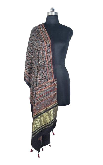 Ajrakh Modal Silk Natural Dye Hand Block Print Stole with Golden Border - with Tassels - 2.6 Mtr Length   -  SKU : MS26501D