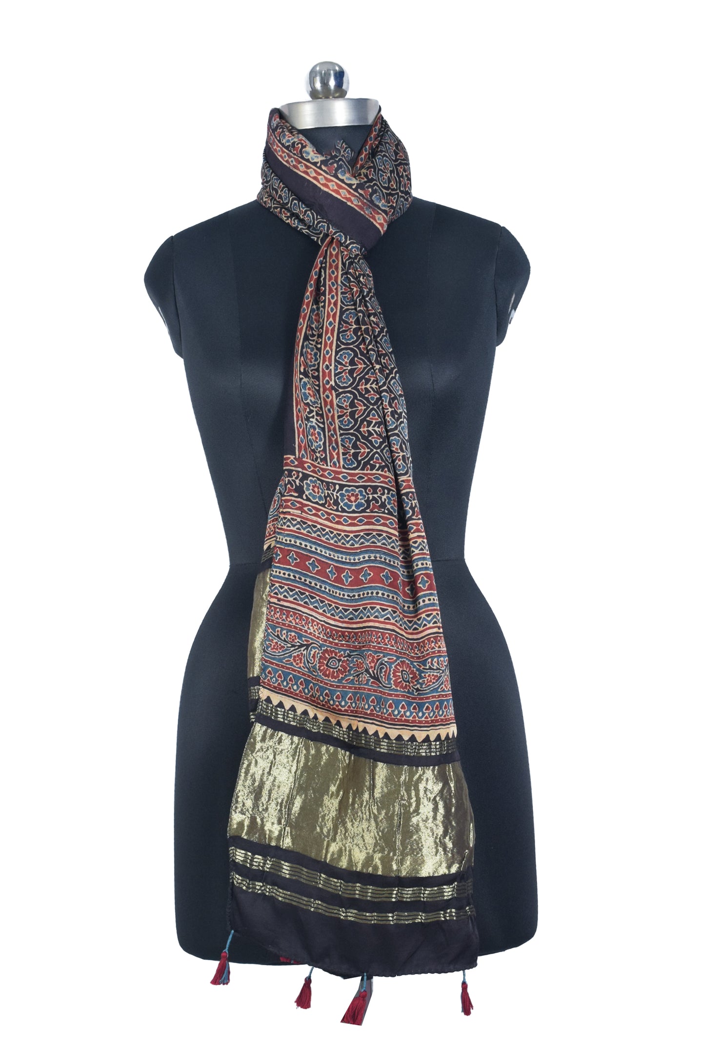 Ajrakh Modal Silk Natural Dye Hand Block Print Stole with Golden Border - with Tassels - 2.6 Mtr Length   -  SKU : MS26501D