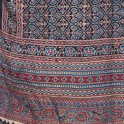 Ajrakh Modal Silk Natural Dye Hand Block Print Stole with Golden Border - with Tassels - 2.6 Mtr Length   -  SKU : MS26501D