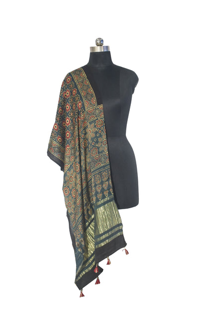 Ajrakh Modal Silk Natural Dye Hand Block Print Stole with Golden Border - with Tassels - 2.6 Mtr Length   -  SKU : MS18801H