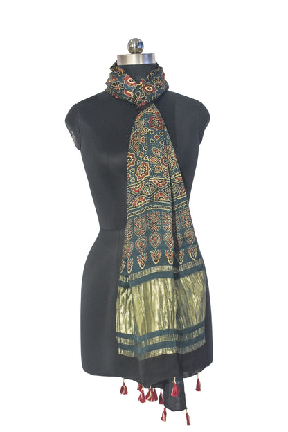 Ajrakh Modal Silk Natural Dye Hand Block Print Stole with Golden Border - with Tassels - 2.6 Mtr Length   -  SKU : MS18801H
