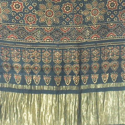 Ajrakh Modal Silk Natural Dye Hand Block Print Stole with Golden Border - with Tassels - 2.6 Mtr Length   -  SKU : MS18801H