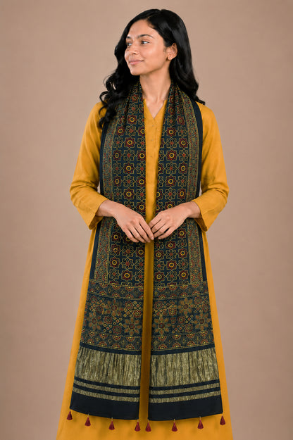 Ajrakh Modal Silk Natural Dye Hand Block Print Stole with Golden Border - with Tassels - 2.6 Mtr Length   -  SKU : MS18801H