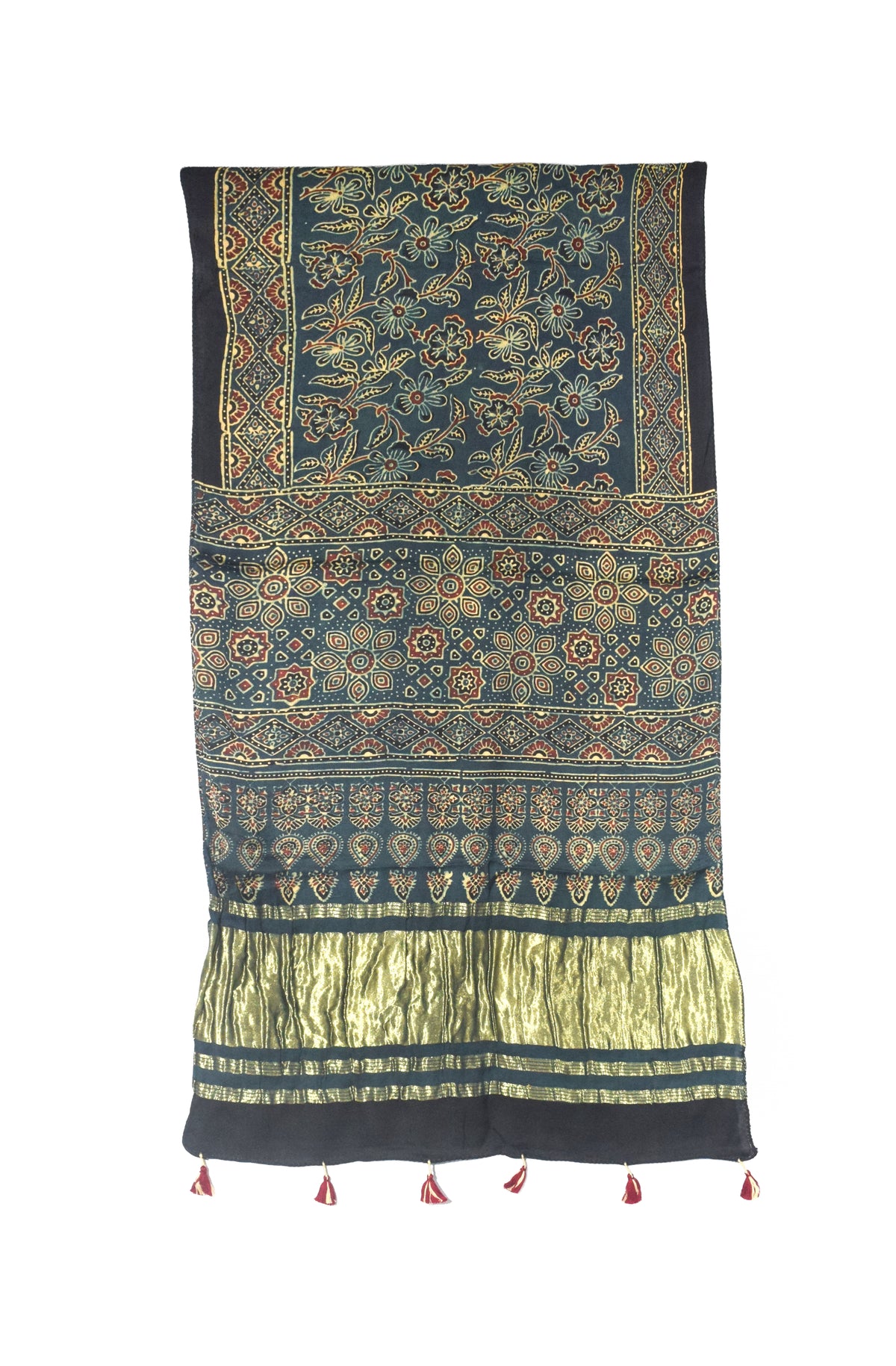 Ajrakh Modal Silk Natural Dye Hand Block Print Stole with Golden Border - with Tassels - 2.6 Mtr Length   -  SKU : MS18801I