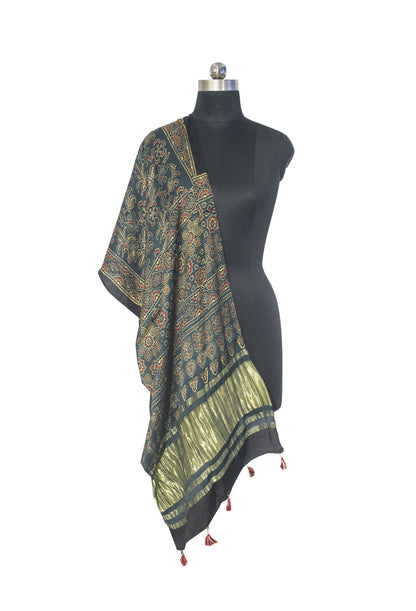 Ajrakh Modal Silk Natural Dye Hand Block Print Stole with Golden Border - with Tassels - 2.6 Mtr Length   -  SKU : MS18801I