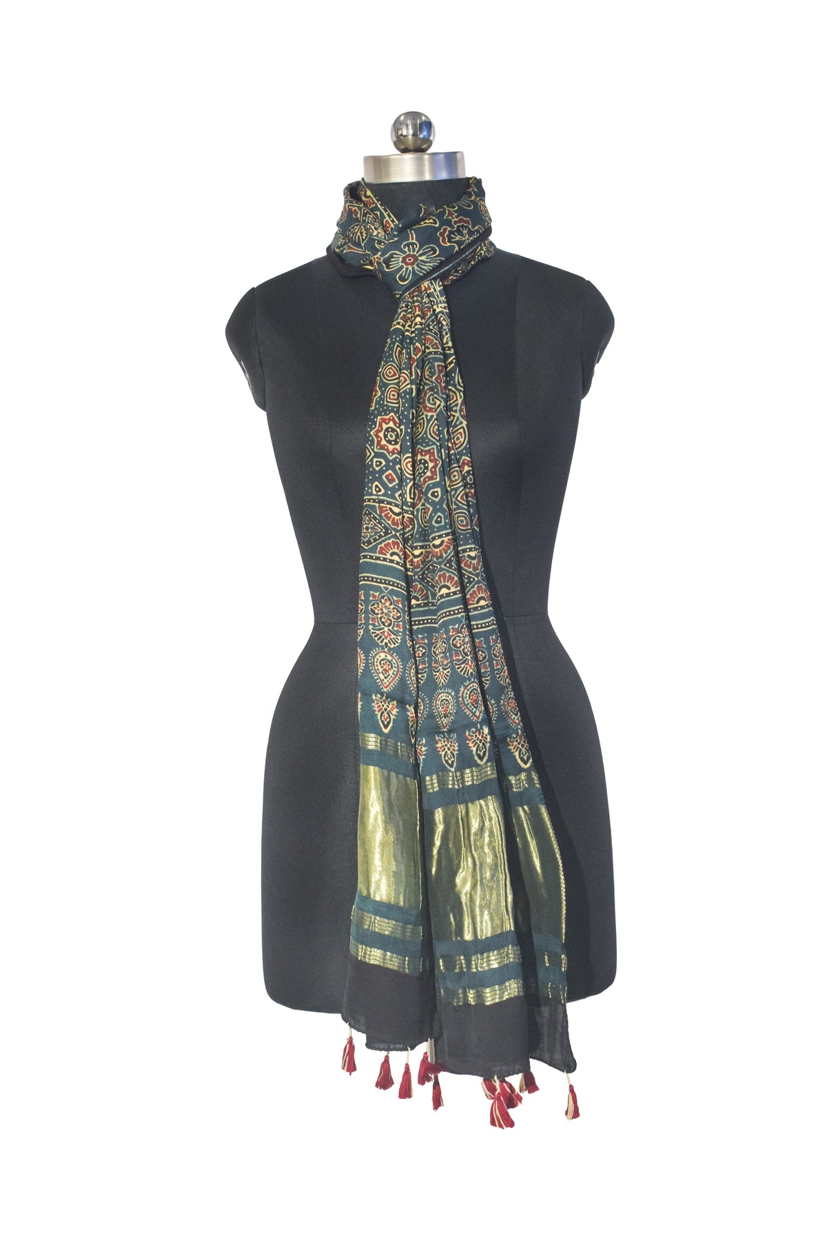 Ajrakh Modal Silk Natural Dye Hand Block Print Stole with Golden Border - with Tassels - 2.6 Mtr Length   -  SKU : MS18801I