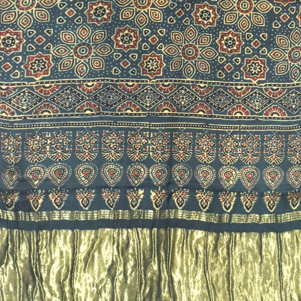 Ajrakh Modal Silk Natural Dye Hand Block Print Stole with Golden Border - with Tassels - 2.6 Mtr Length   -  SKU : MS18801I