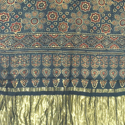 Ajrakh Modal Silk Natural Dye Hand Block Print Stole with Golden Border - with Tassels - 2.6 Mtr Length   -  SKU : MS18801I