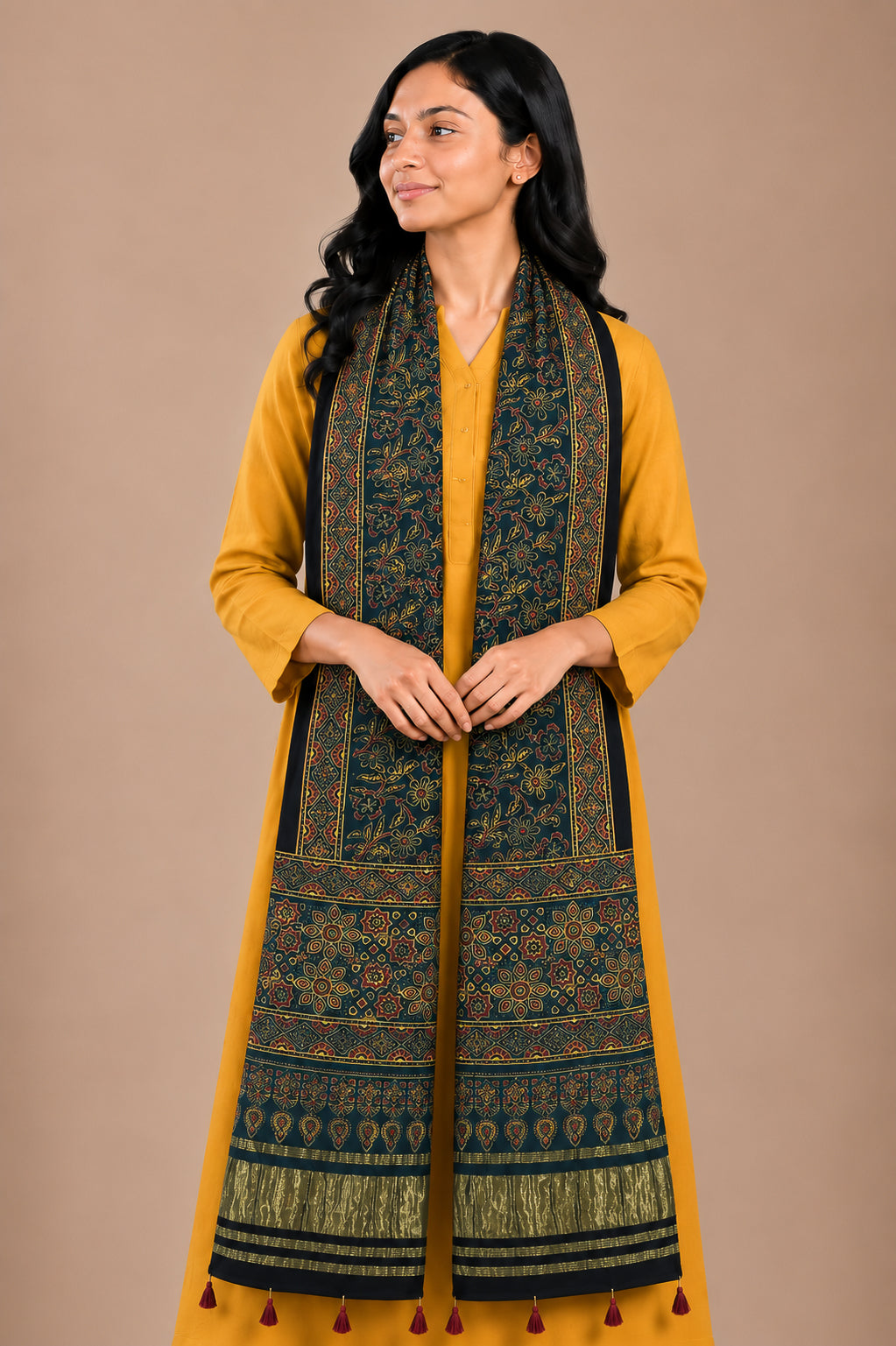 Ajrakh Modal Silk Natural Dye Hand Block Print Stole with Golden Border - with Tassels - 2.6 Mtr Length   -  SKU : MS18801I