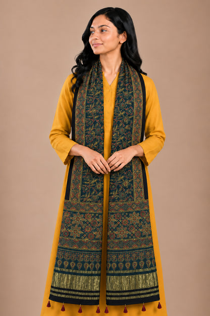 Ajrakh Modal Silk Natural Dye Hand Block Print Stole with Golden Border - with Tassels - 2.6 Mtr Length   -  SKU : MS18801I