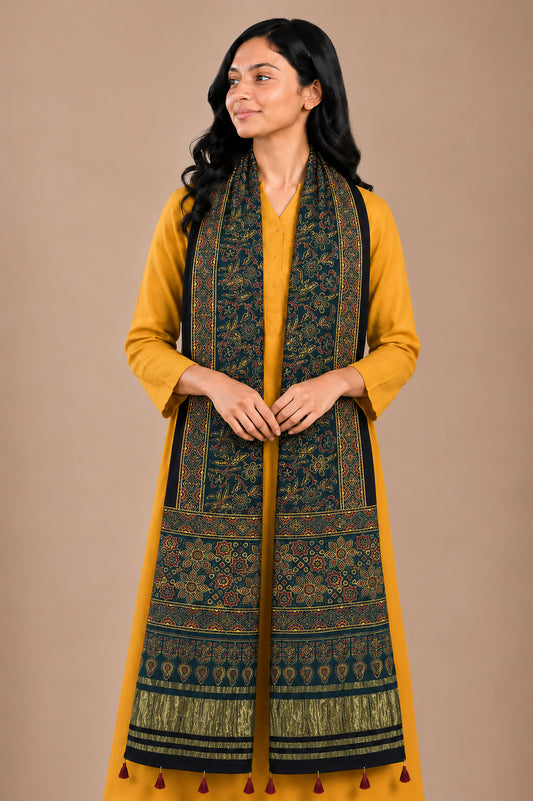 Ajrakh Modal Silk Natural Dye Hand Block Print Stole with Golden Border - with Tassels - 2.6 Mtr Length   -  SKU : MS18801I