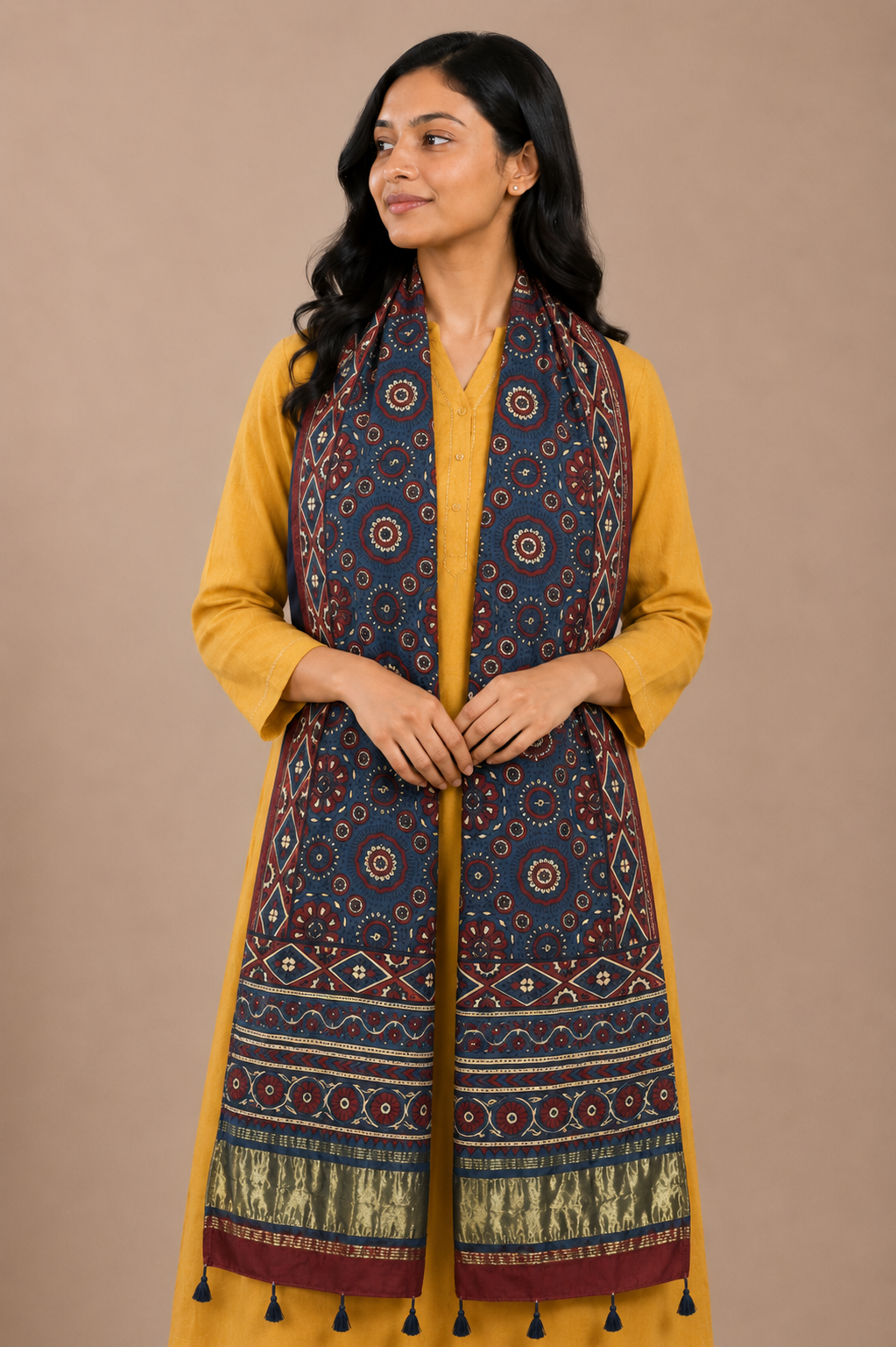 Ajrakh Modal Silk Natural Dye Hand Block Print Stole with Golden Border - with Tassels - 2.6 Mtr Length   -  SKU : MS26501B
