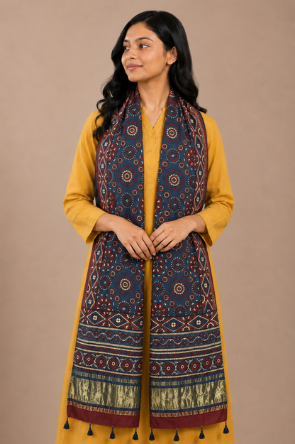 Ajrakh Modal Silk Natural Dye Hand Block Print Stole with Golden Border - with Tassels - 2.6 Mtr Length   -  SKU : MS26501B