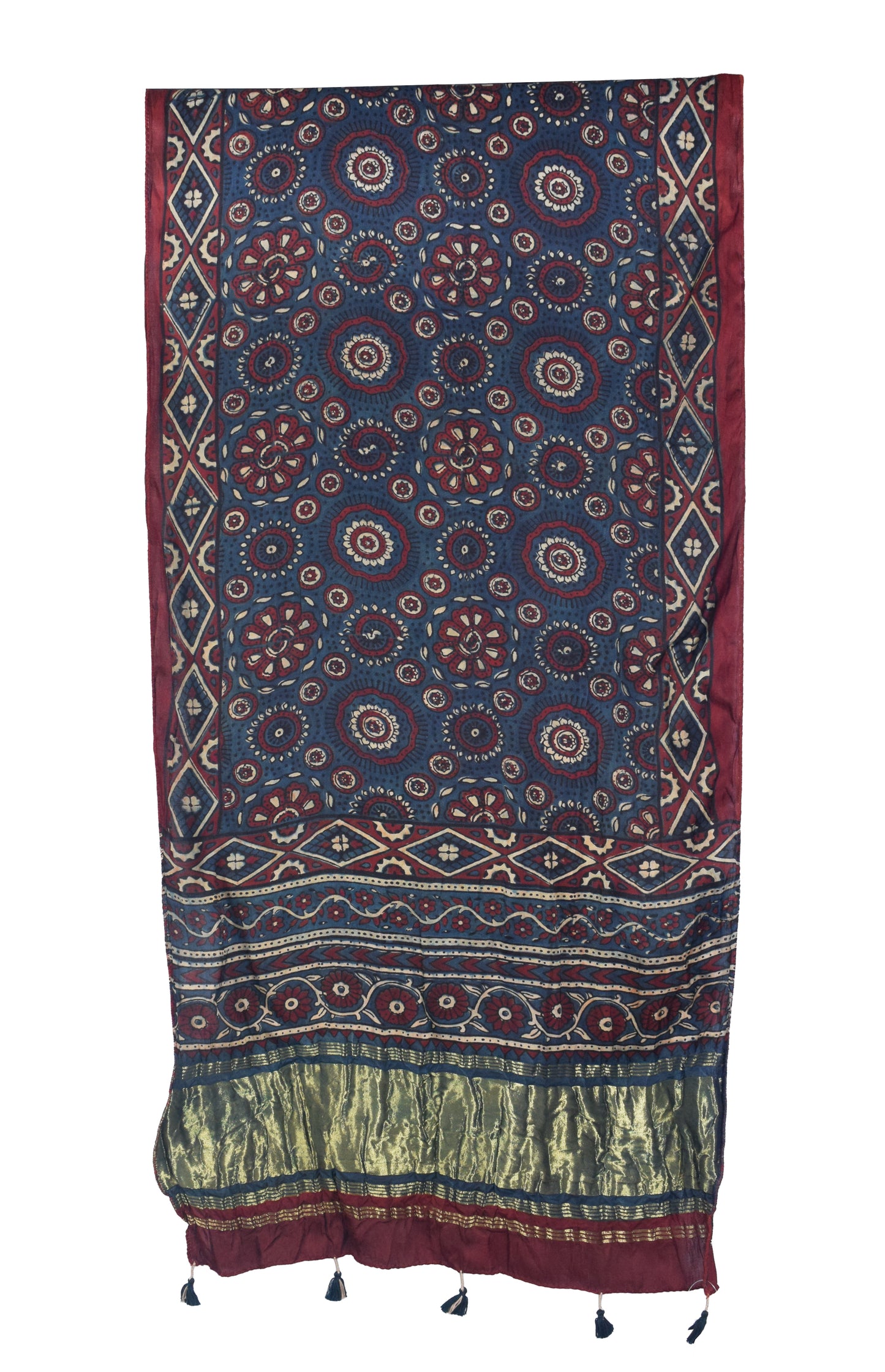 Ajrakh Modal Silk Natural Dye Hand Block Print Stole with Golden Border - with Tassels - 2.6 Mtr Length   -  SKU : MS26501B