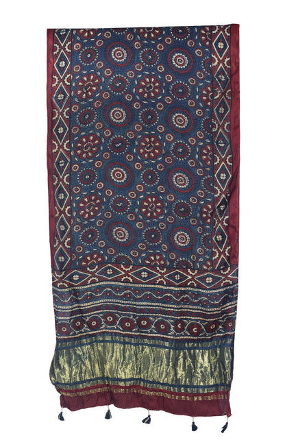 Ajrakh Modal Silk Natural Dye Hand Block Print Stole with Golden Border - with Tassels - 2.6 Mtr Length   -  SKU : MS26501B